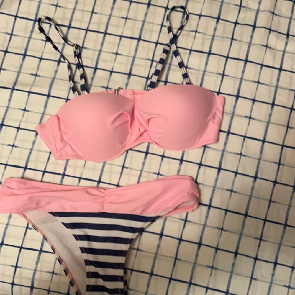 Never worn Cute small 2 piece  bikini baby pink and navy blue striped